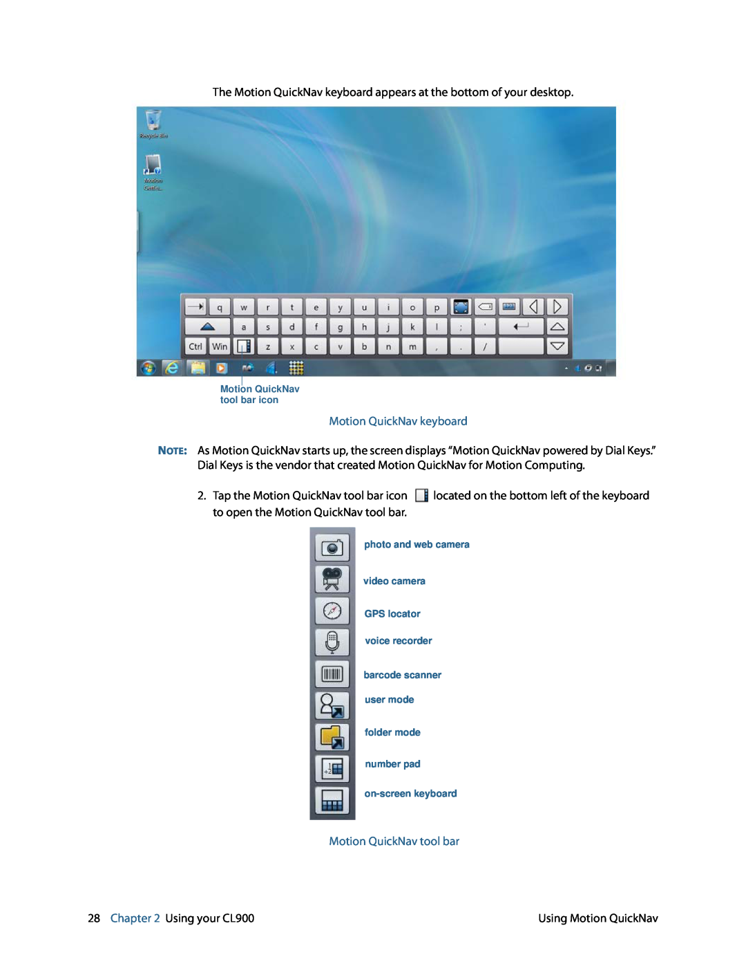 Motion FWS-001 manual Motion QuickNav keyboard, Motion QuickNav tool bar 