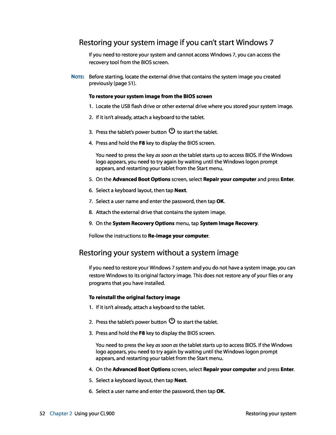 Motion FWS-001 manual Restoring your system image if you can’t start Windows, Restoring your system without a system image 