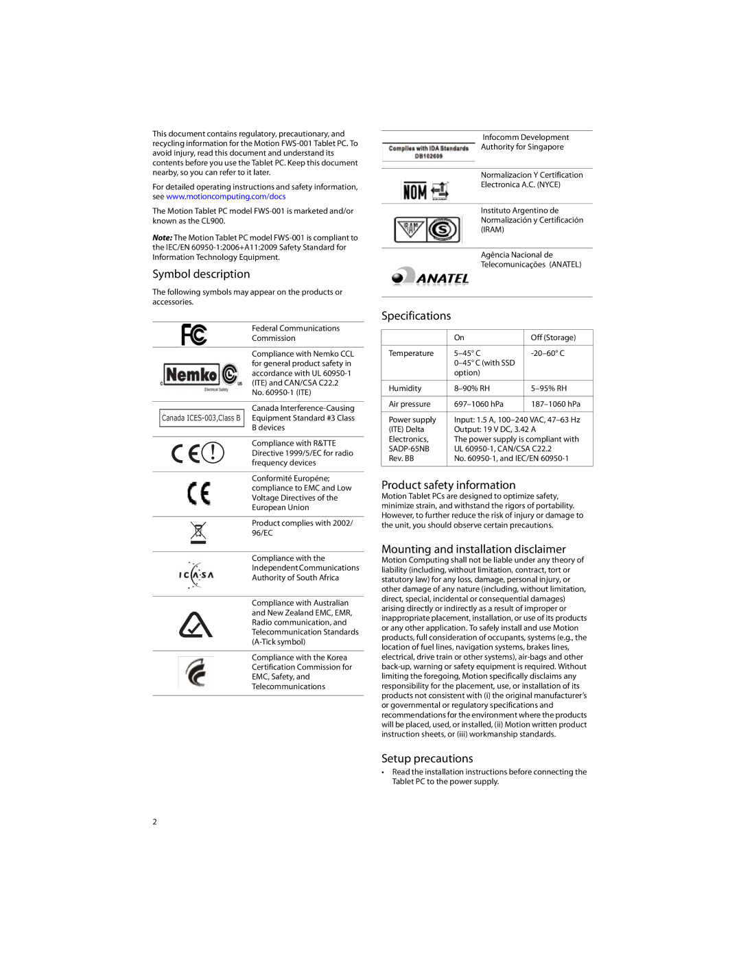 Motion FWS-001 Symbol description, Product safety information, Mounting and installation disclaimer, Setup precautions 