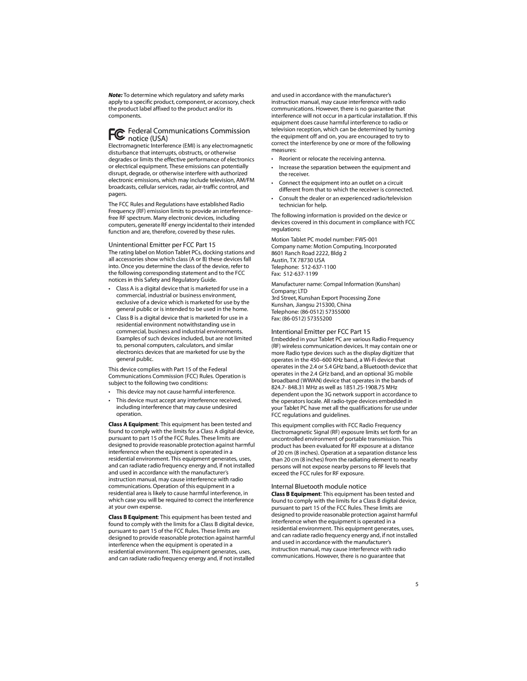 Motion FWS-001 warranty Federal Communications Commission notice USA, Unintentional Emitter per FCC Part 