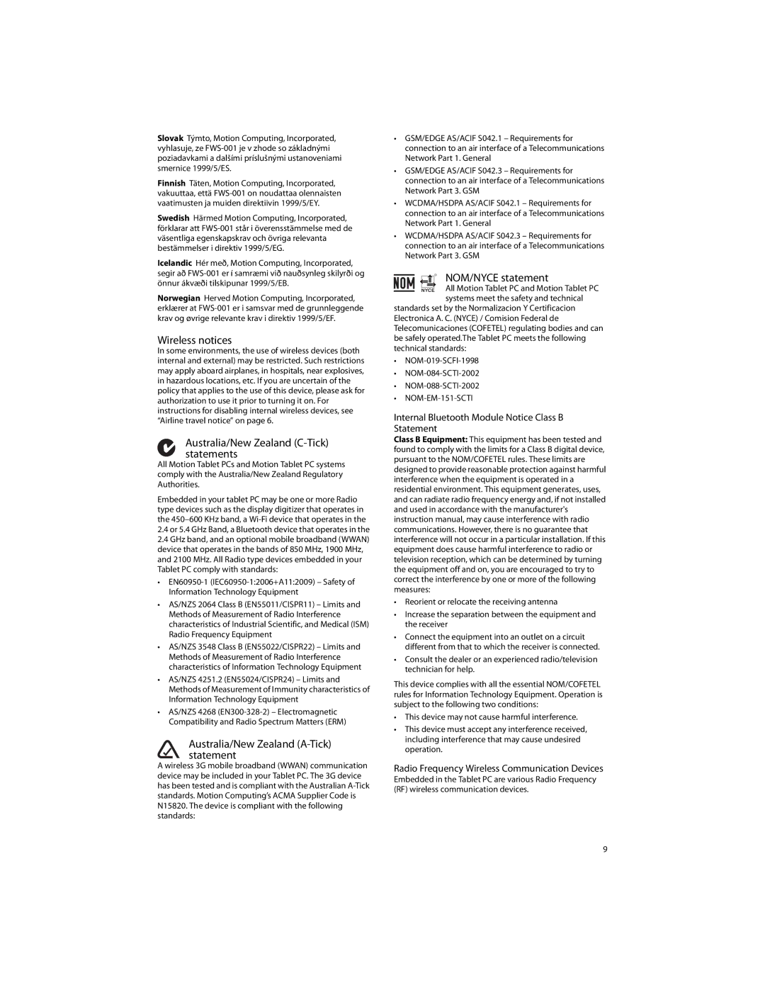 Motion FWS-001 warranty Wireless notices, Australia/New Zealand C-Tick statements, Australia/New Zealand A-Tick statement 