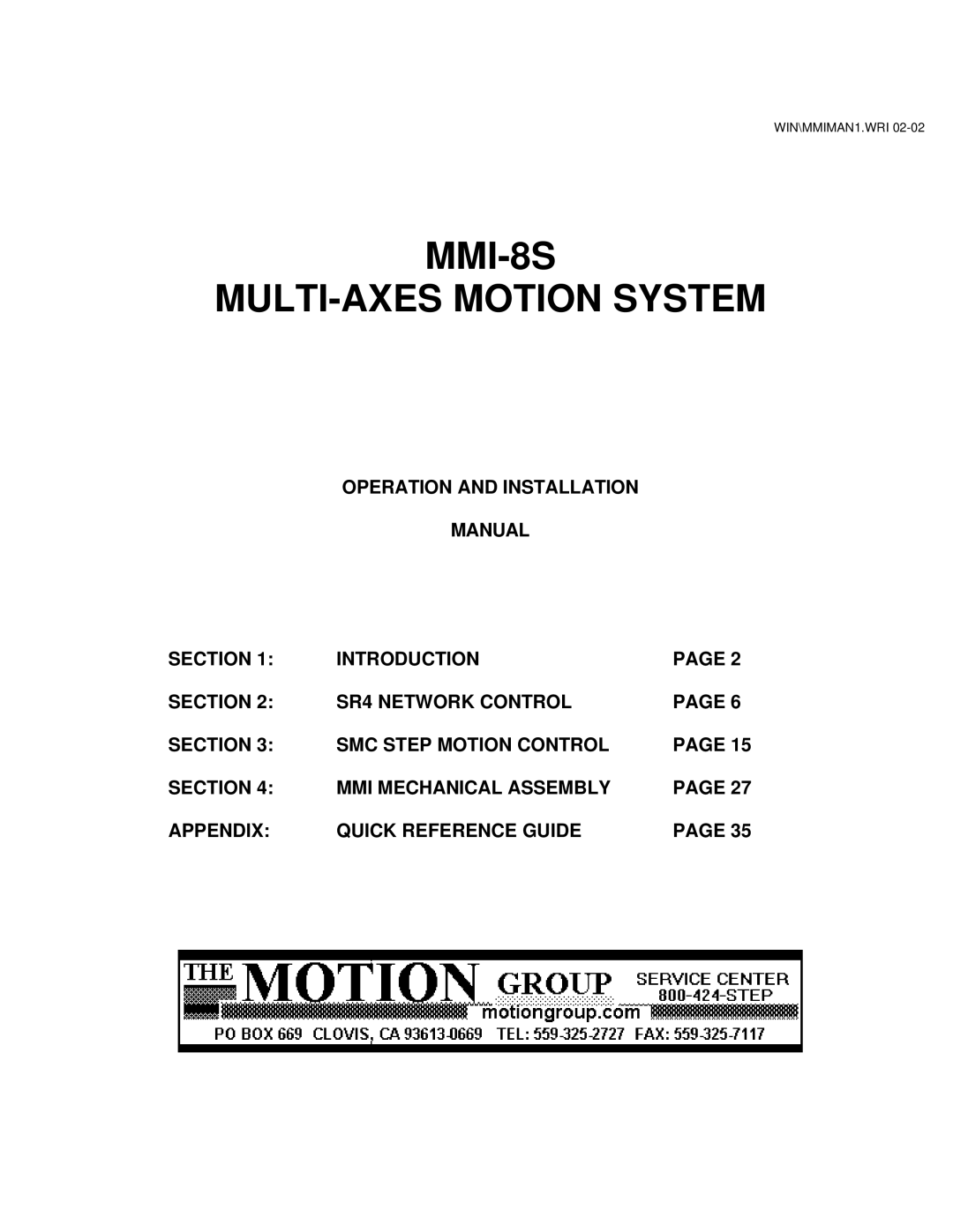 Motion installation manual MMI-8S MULTI-AXES Motion System 