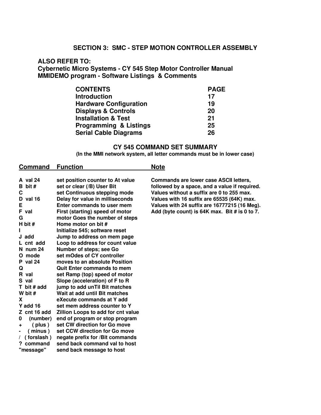 Motion MMI-8S installation manual SMC Step Motion Controller Assembly Also Refer to, CY 545 Command SET Summary 