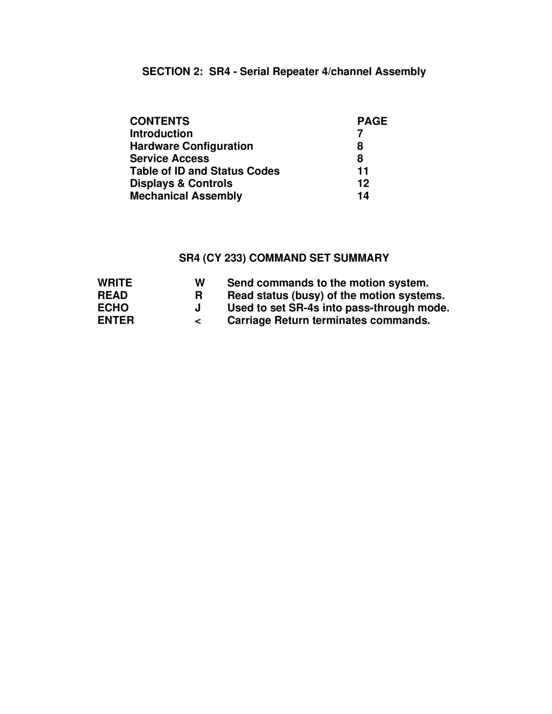 Motion MMI-8S installation manual Contents, SR4 CY 233 Command SET Summary, Write, Read, Echo, Enter 