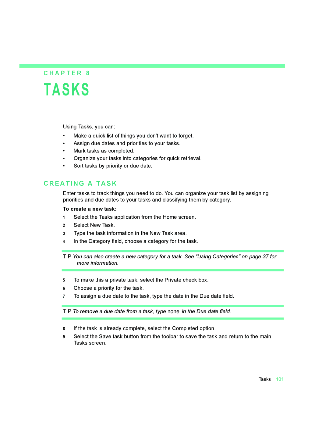 Motorola 009 manual Tasks, E a T I N G a T a S K, To create a new task 