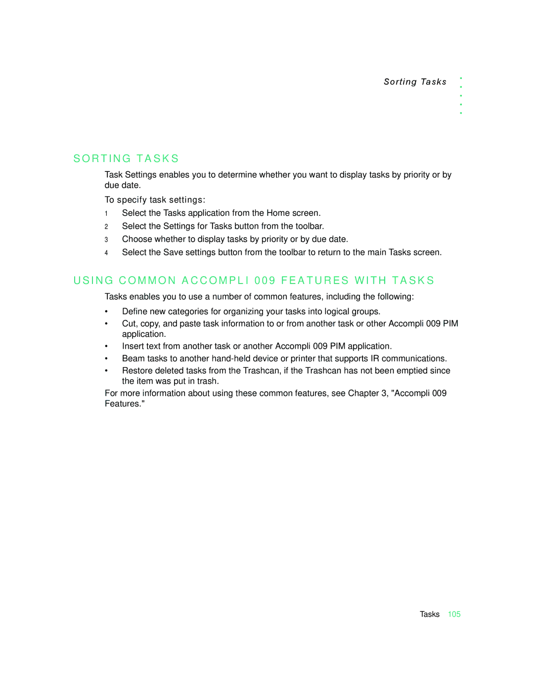 Motorola 009 manual R T I N G T a S K S, Sorting Tasks, To specify task settings 