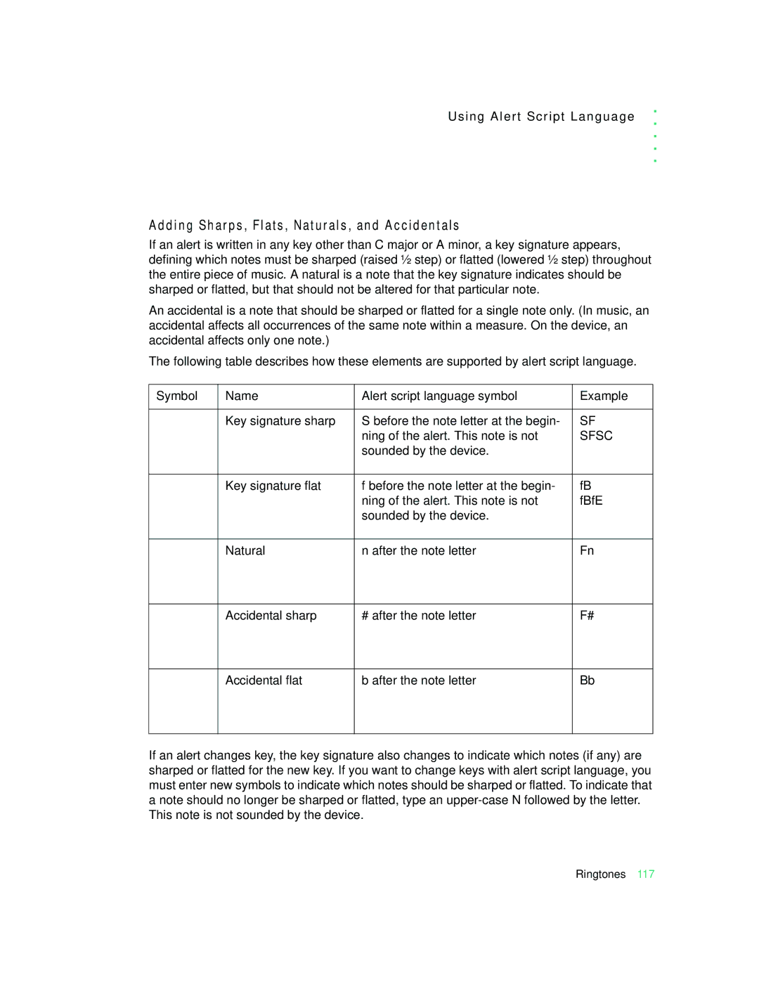 Motorola 009 manual Adding Sharps, Flats, Naturals, and Accidentals, Sfsc 