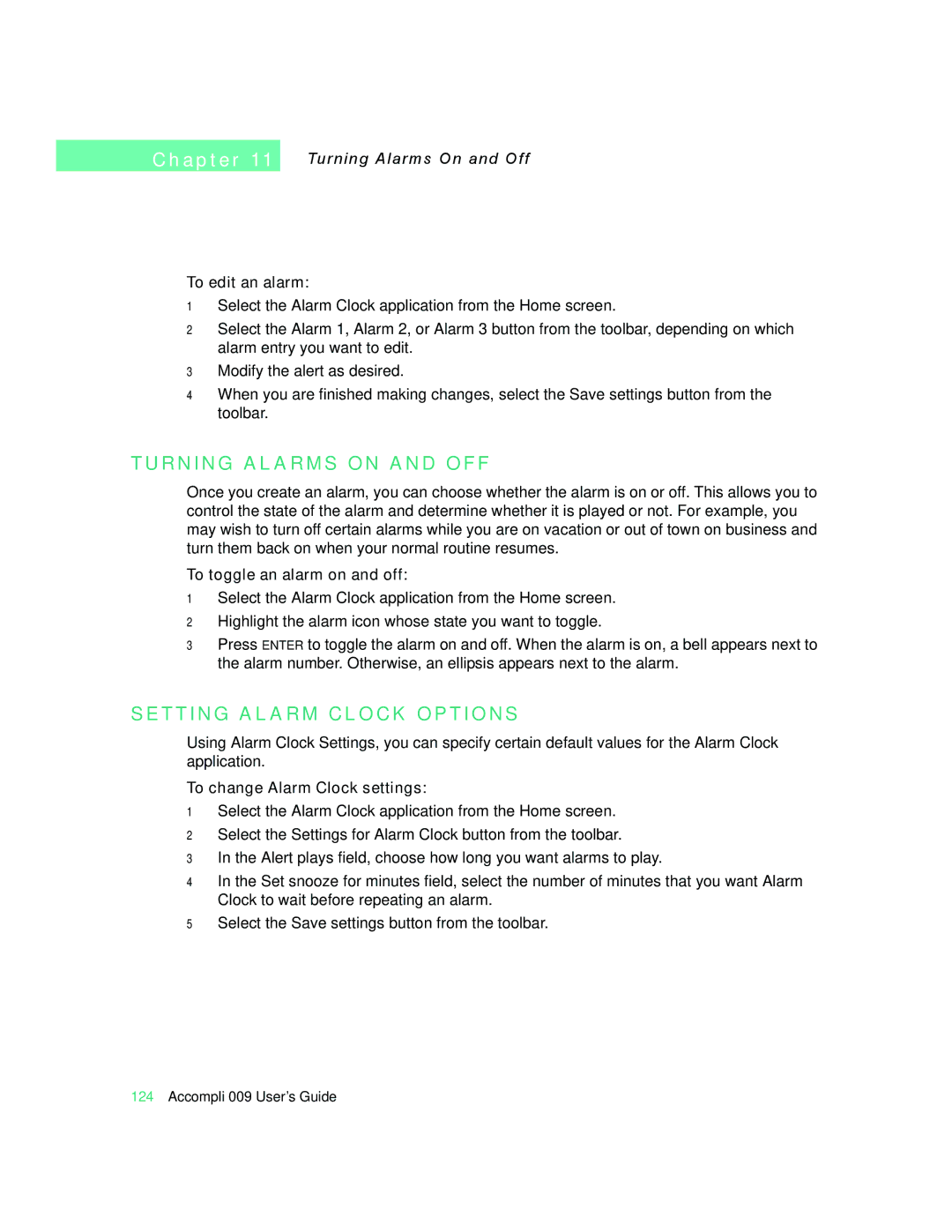 Motorola 009 manual R N I N G Alarm S O N a N D O F F, T T I N G Alarm C L O C K O P T I O N S, To edit an alarm 