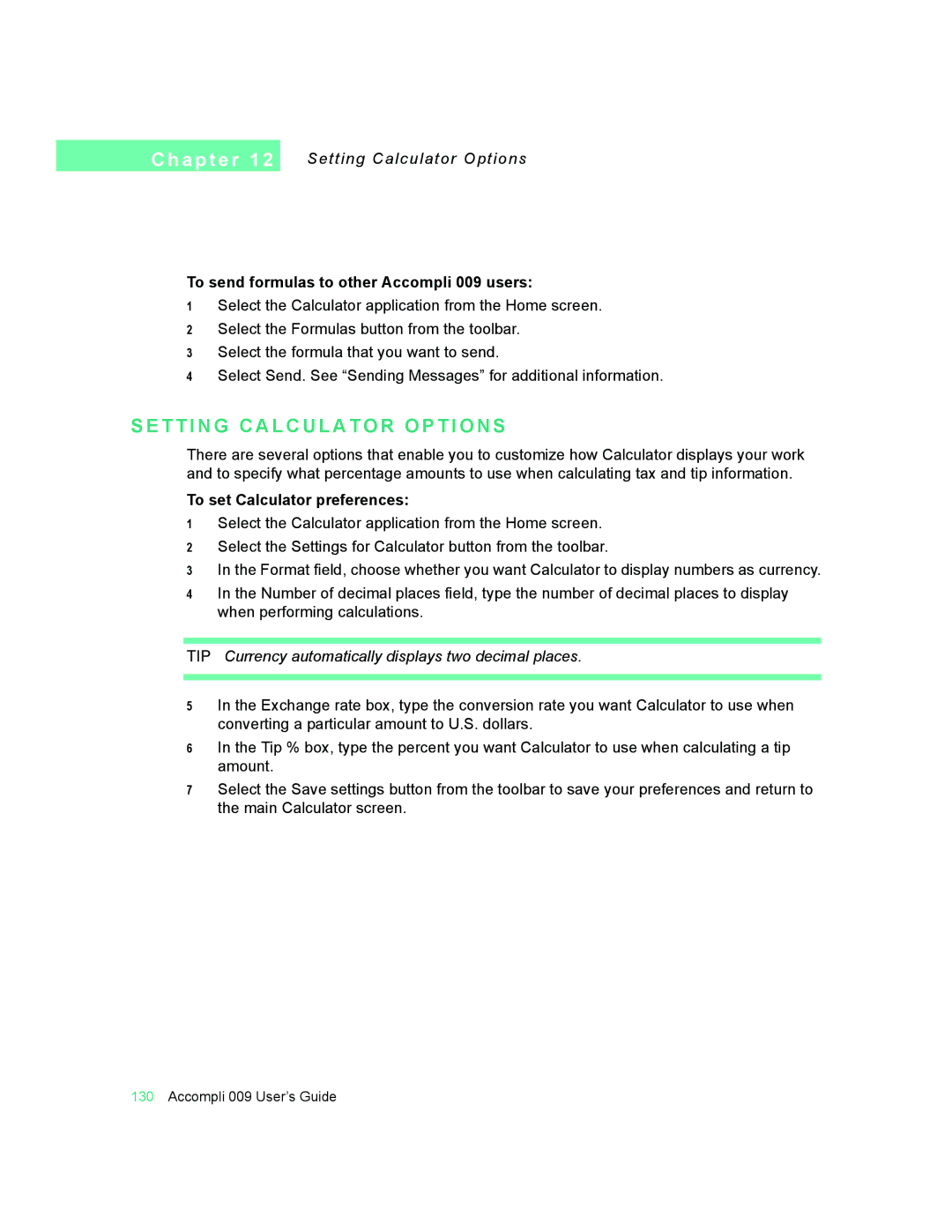 Motorola 009 manual T T I N G C a L C U L a T O R O P T I O N S, Setting Calculator Options, To set Calculator preferences 