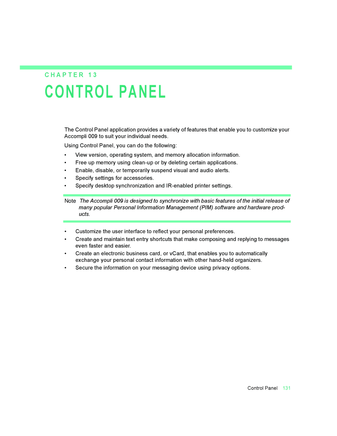 Motorola 009 manual Control Panel, A P T E R 1 