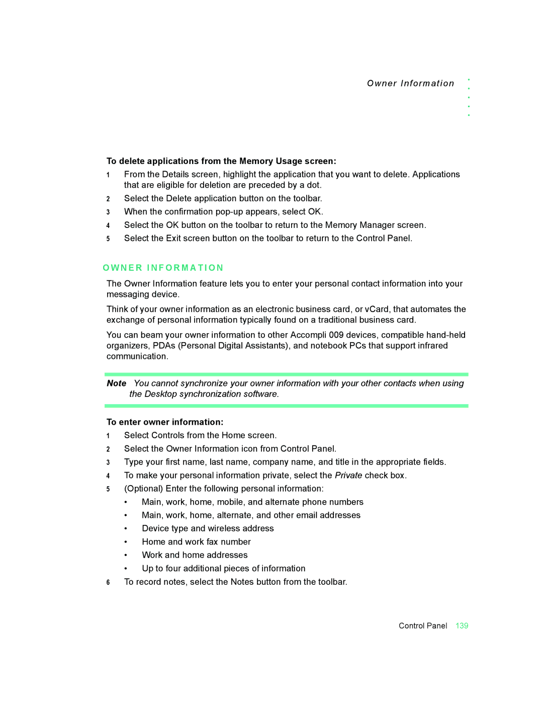 Motorola 009 manual Owner Information, To delete applications from the Memory Usage screen, To enter owner information 