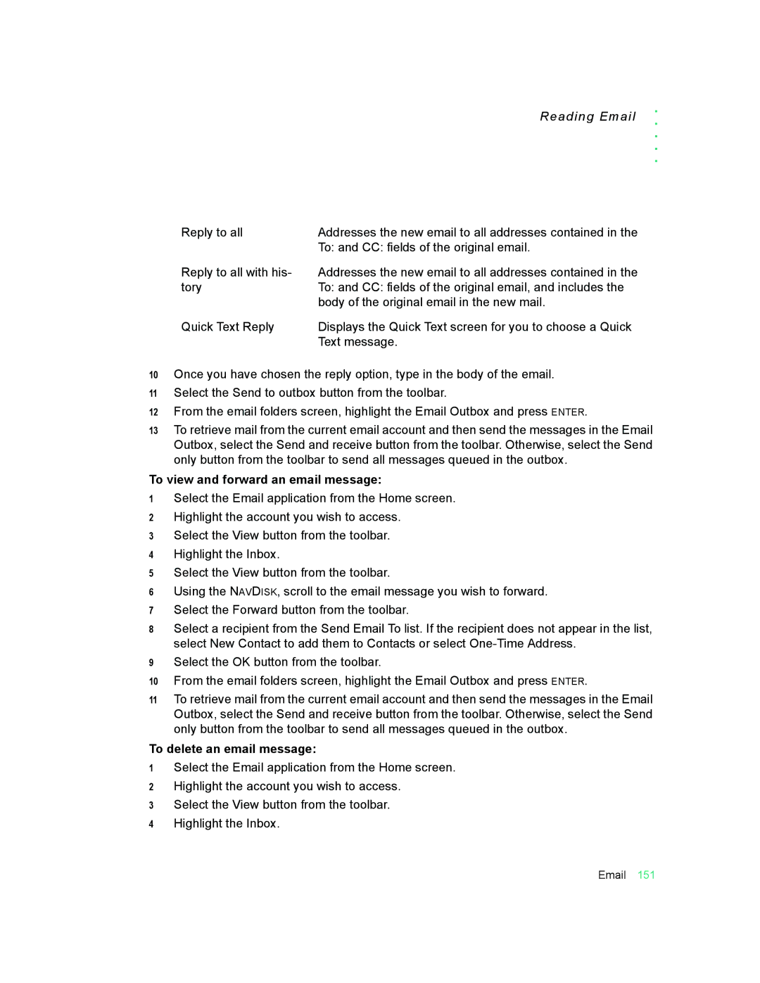 Motorola 009 manual To view and forward an email message, To delete an email message 