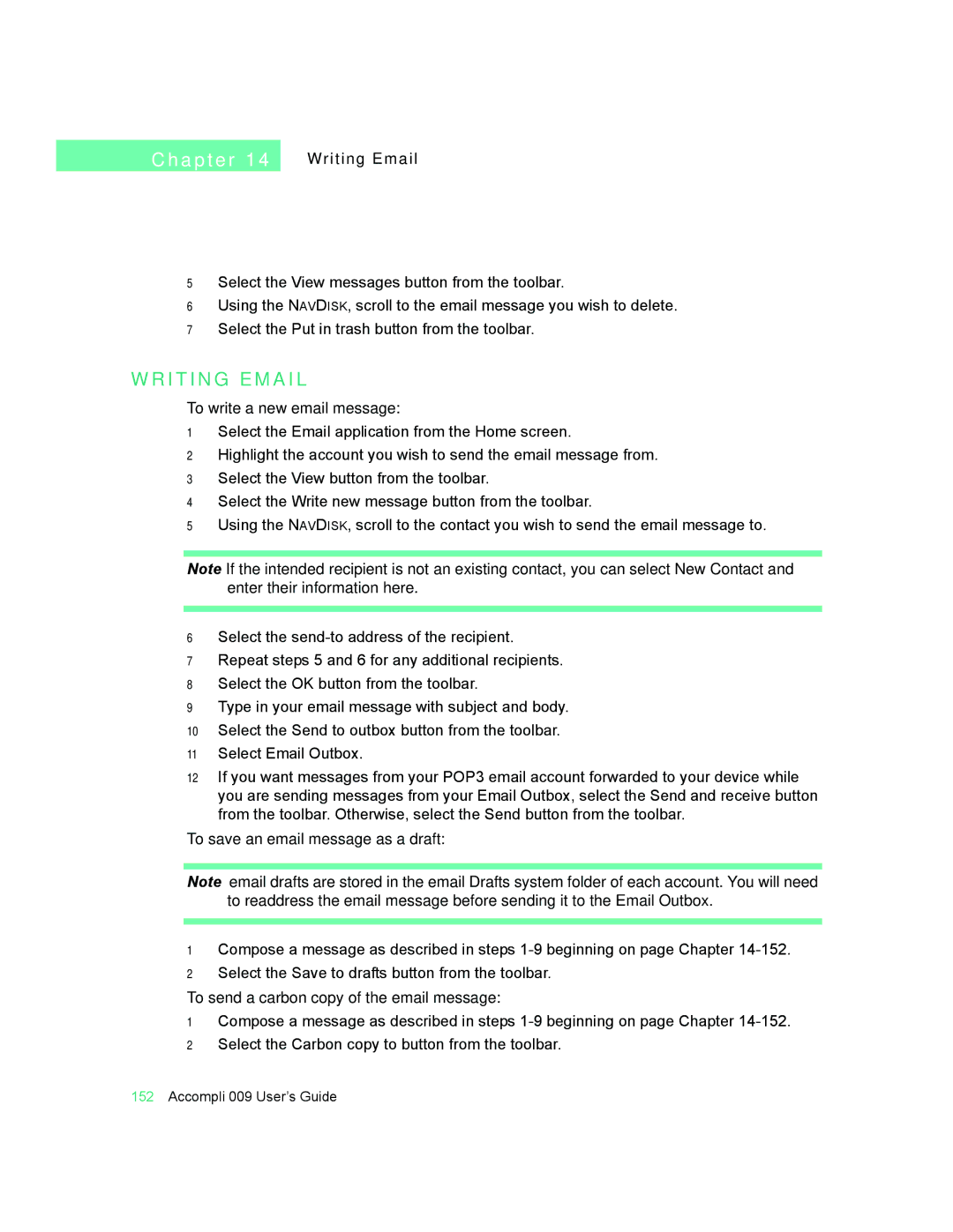 Motorola 009 manual I T I N G E M a I L, Writing Email, To write a new email message, To save an email message as a draft 