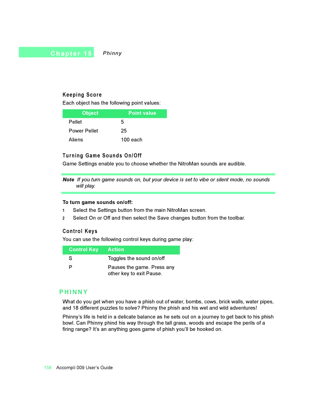 Motorola 009 manual I N N Y, Keeping Score, Turning Game Sounds On/Off, Control Keys, To turn game sounds on/off 