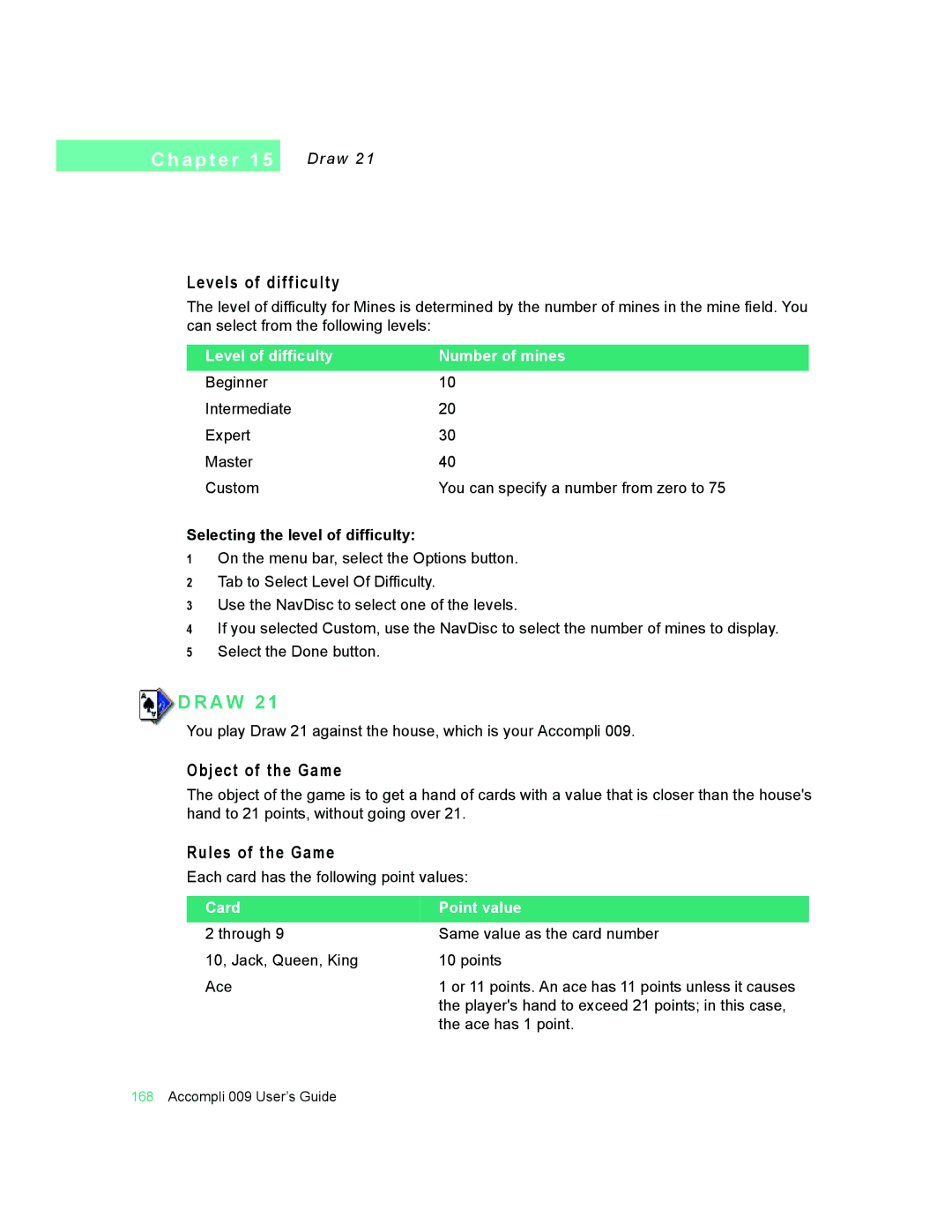 Motorola 009 manual A W 2, Levels of difficulty, Draw, Selecting the level of difficulty 