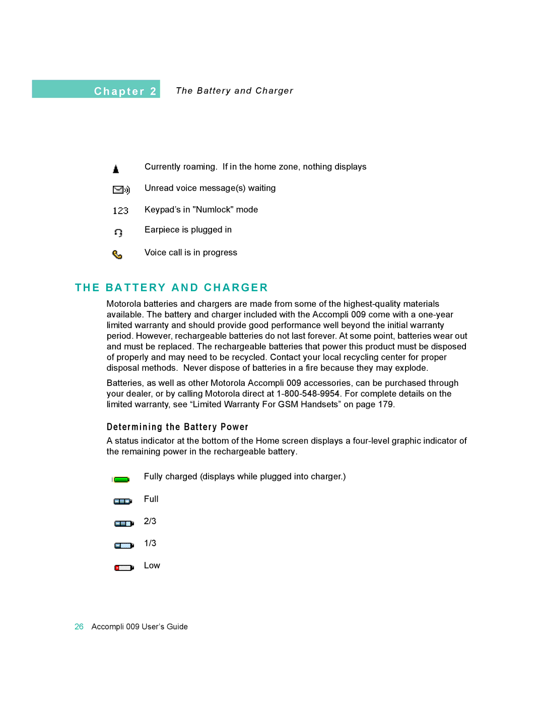 Motorola 009 manual E B a T T E R Y a N D C H a R G E R, Determining the Battery Power, Battery and Charger 