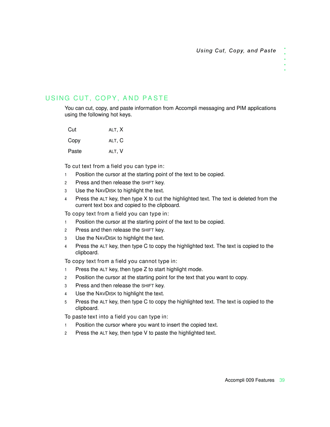 Motorola 009 manual I N G C U T , C O P Y , a N D P a S T E, To cut text from a field you can type 