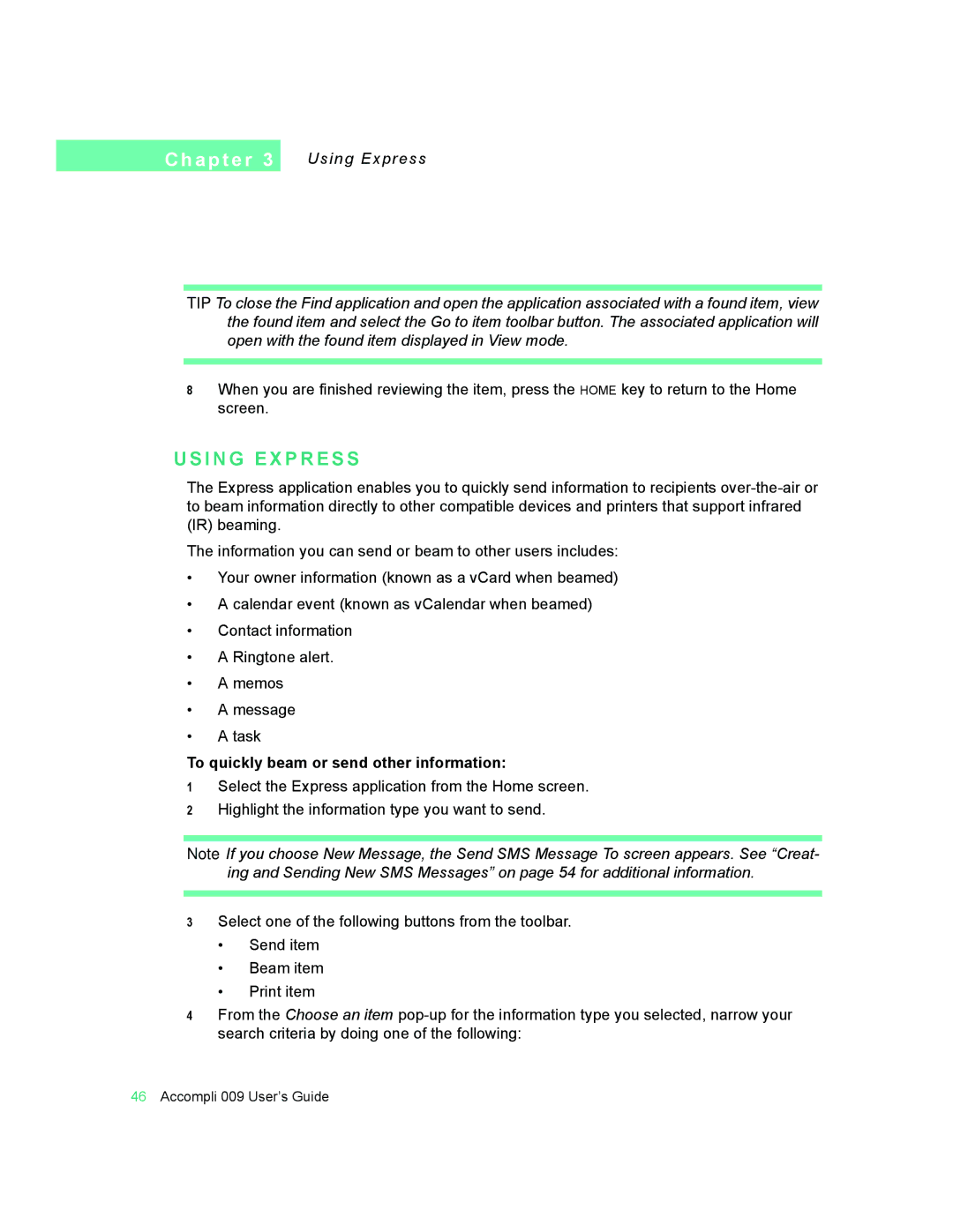 Motorola 009 manual I N G E X P R E S S, To quickly beam or send other information 