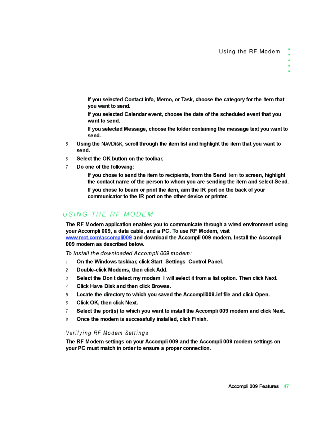 Motorola 009 manual I N G T H E R F M O D E M, Verifying RF Modem Settings, Using the RF Modem 