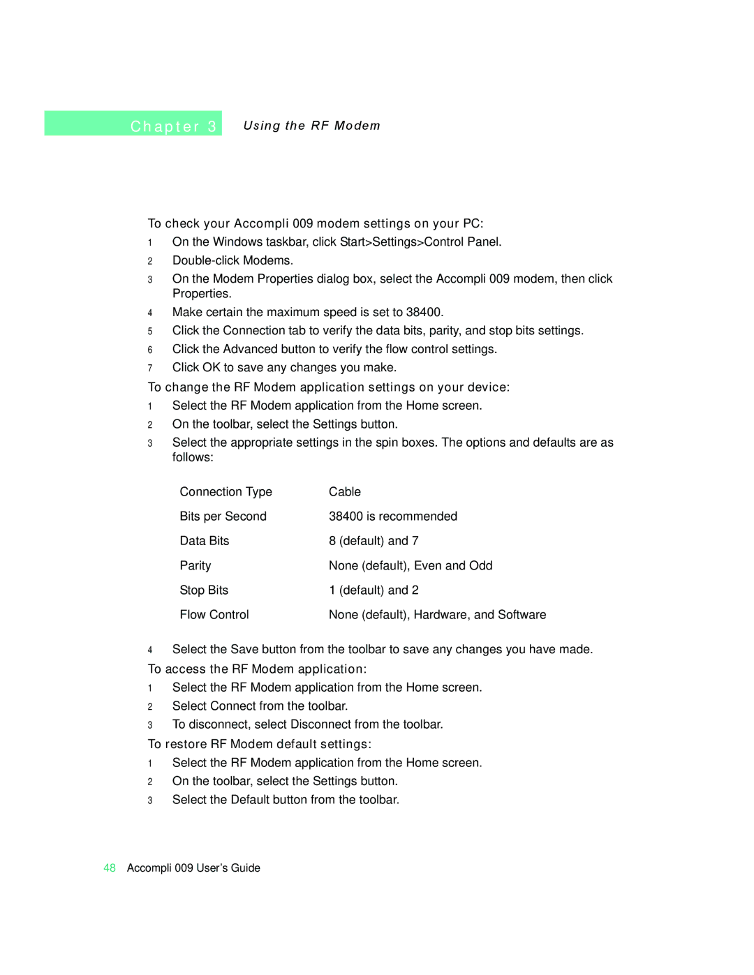 Motorola manual To check your Accompli 009 modem settings on your PC, To access the RF Modem application 