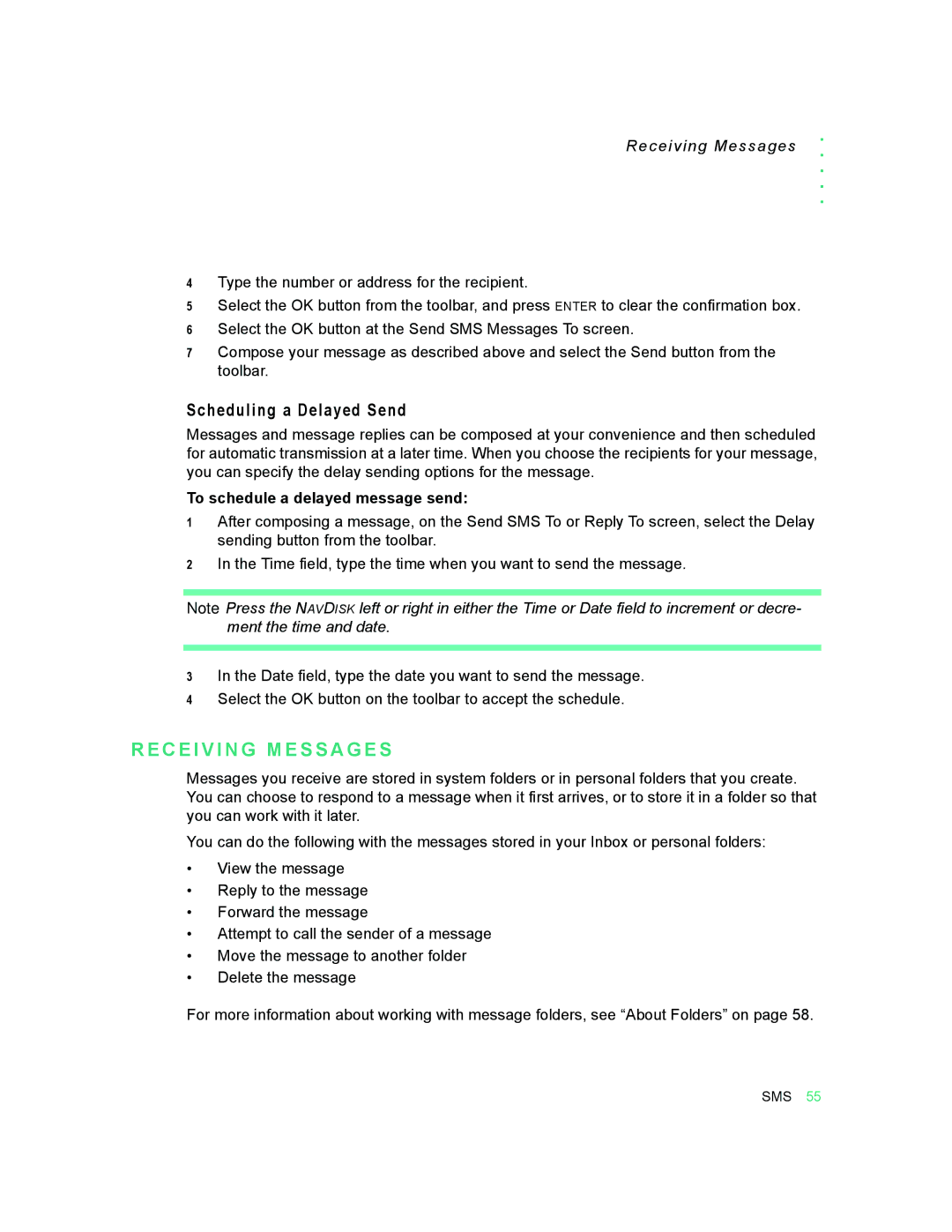 Motorola 009 manual C E I V I N G M E S S a G E S, Scheduling a Delayed Send, To schedule a delayed message send 