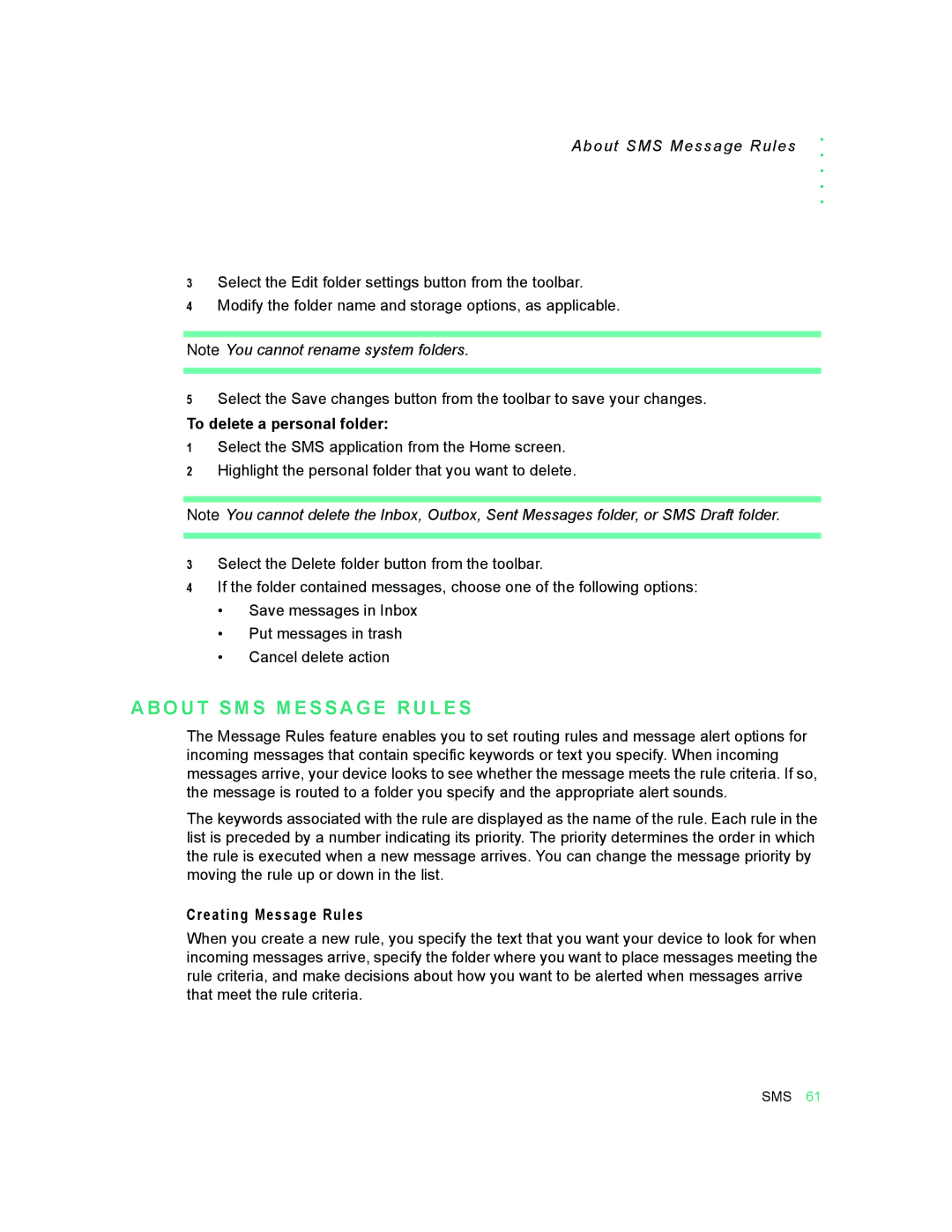 Motorola 009 manual O U T S M S M E S S a G E R U L E S, About SMS Message Rules, To delete a personal folder 