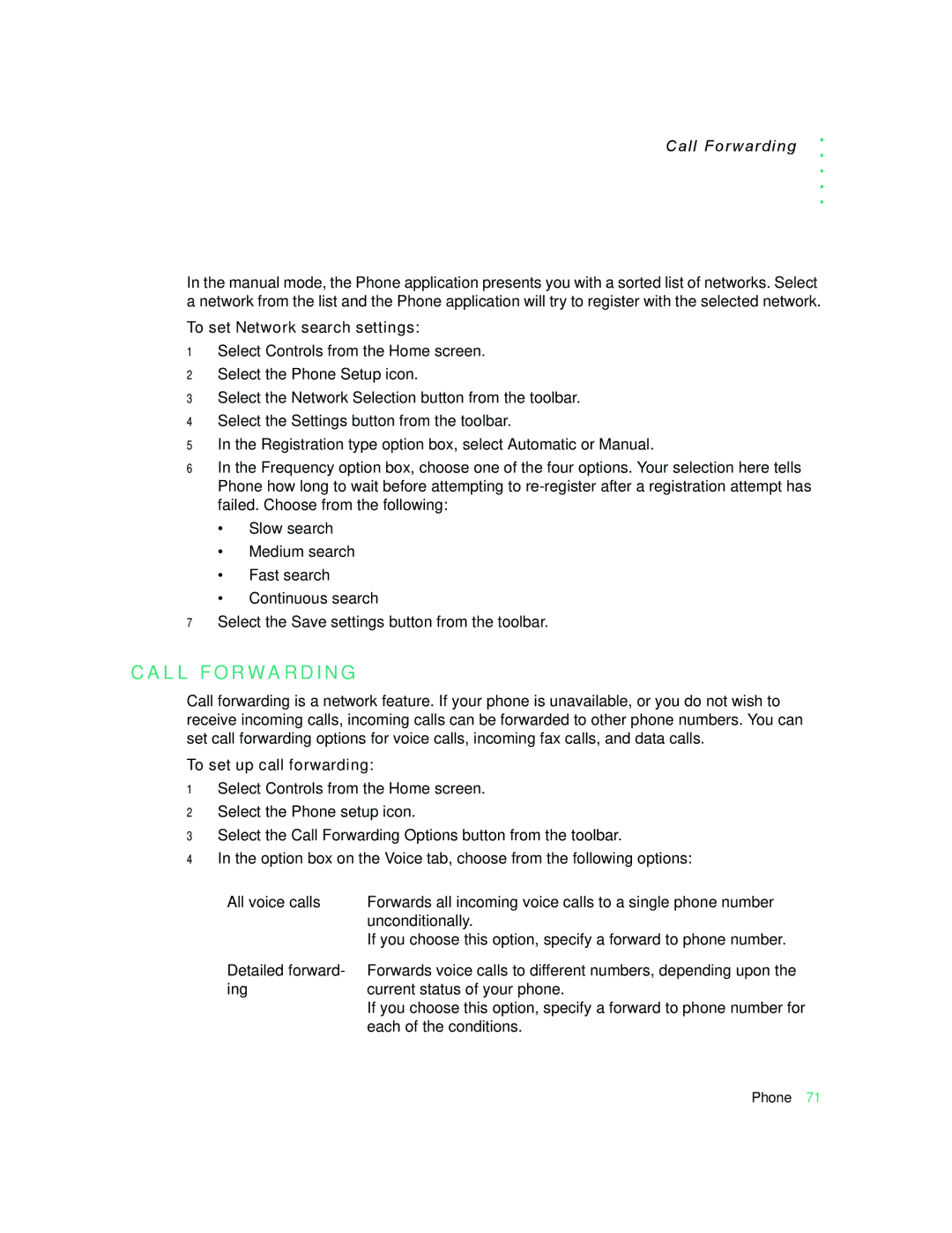 Motorola 009 manual L L F O R W a R D I N G, Call Forwarding, To set Network search settings, To set up call forwarding 