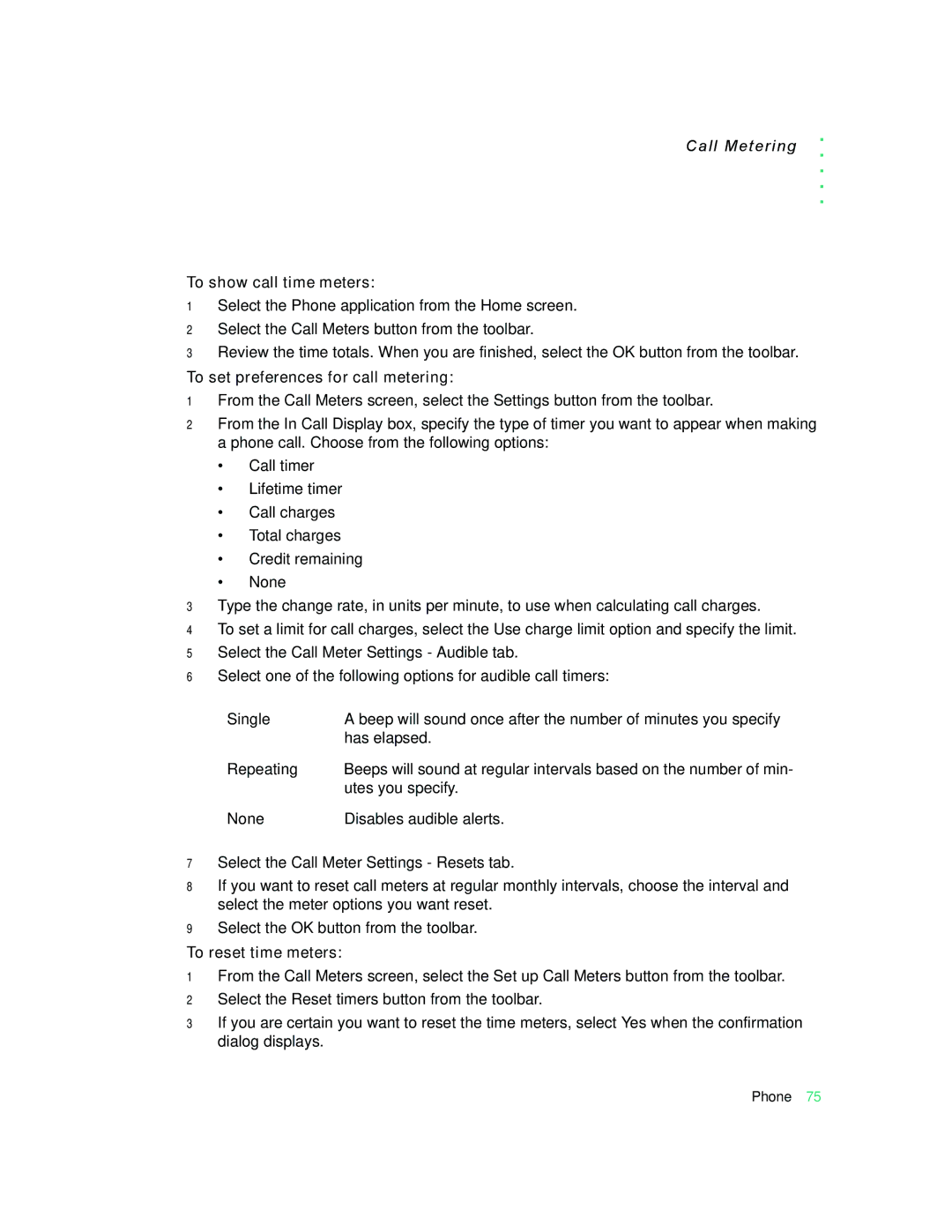 Motorola 009 manual To show call time meters, To set preferences for call metering, To reset time meters 