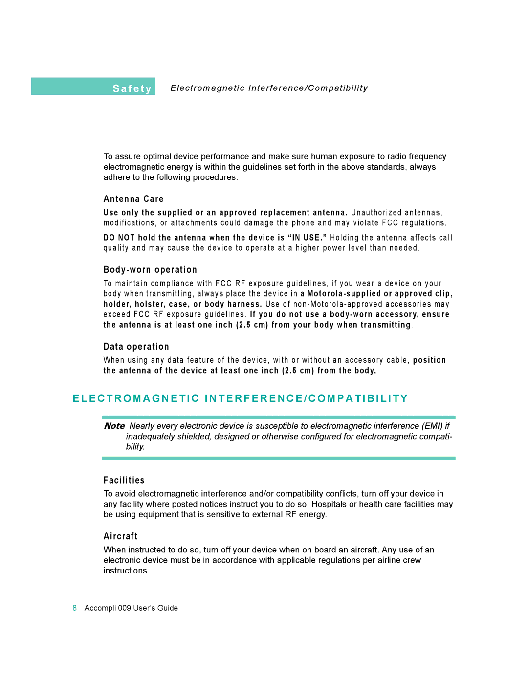 Motorola 009 manual Antenna Care, Body-worn operation, Data operation, Facilities, Aircraft 