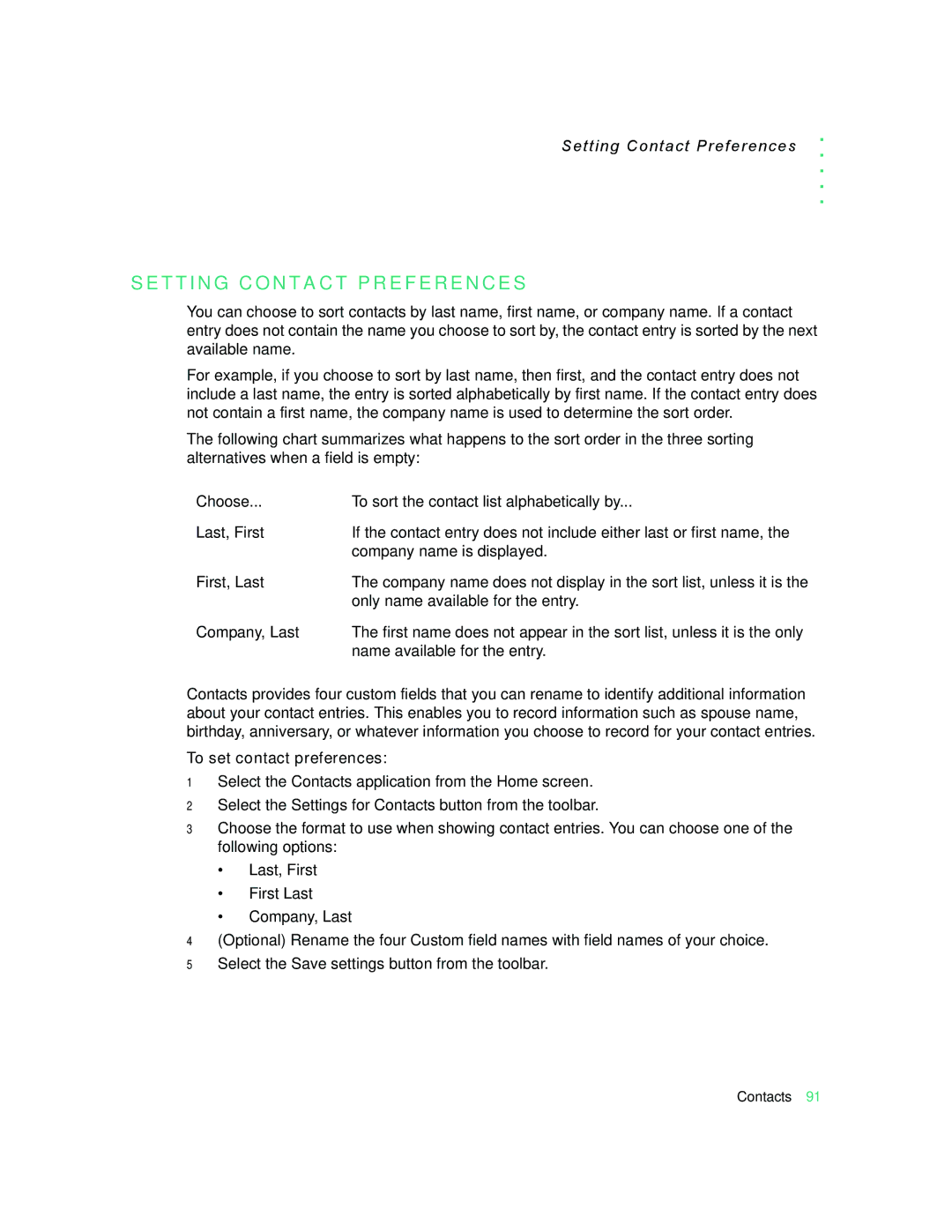 Motorola 009 manual T T I N G C O N T a C T P R E F E R E N C E S, Setting Contact Preferences, To set contact preferences 