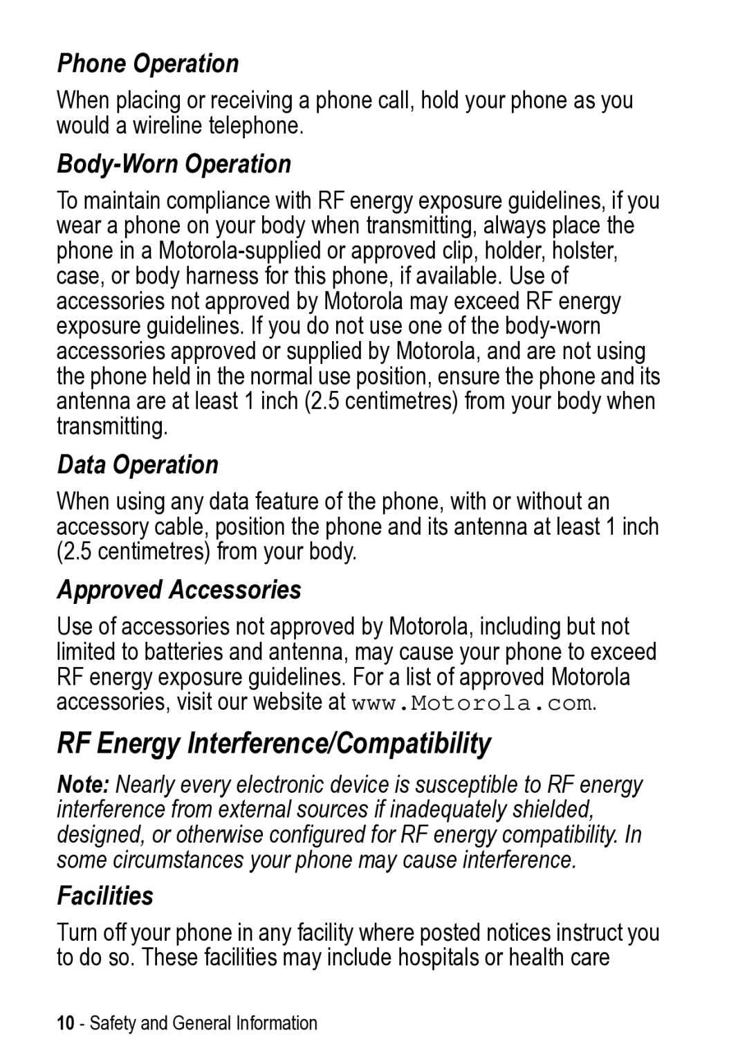 Motorola 031431a manual RF Energy Interference/Compatibility, Body-Worn Operation 