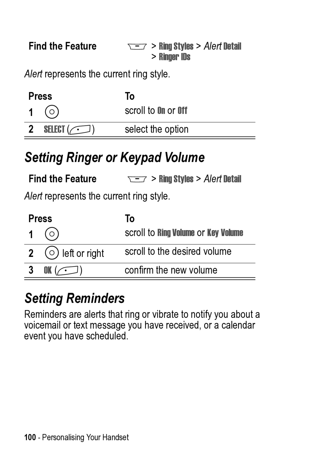 Motorola 031431a manual Setting Ringer or Keypad Volume, Setting Reminders, Ringer IDs, Scroll to Ring Volume or Key Volume 