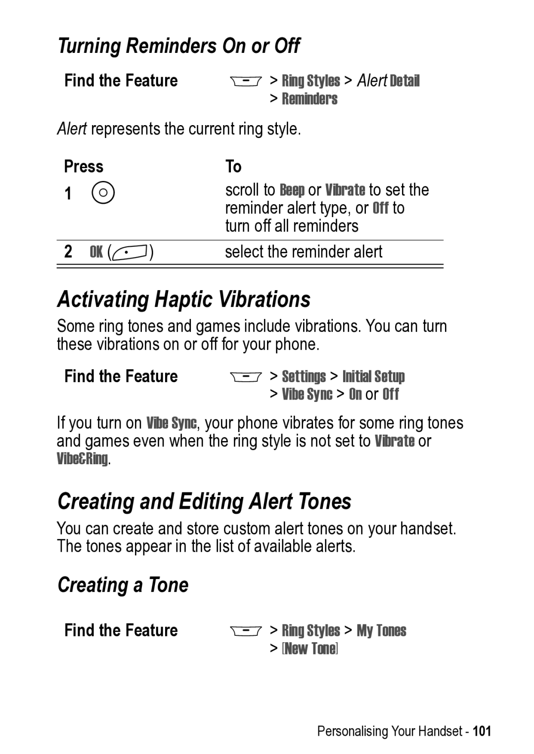 Motorola 031431a manual Activating Haptic Vibrations, Creating and Editing Alert Tones, Turning Reminders On or Off 