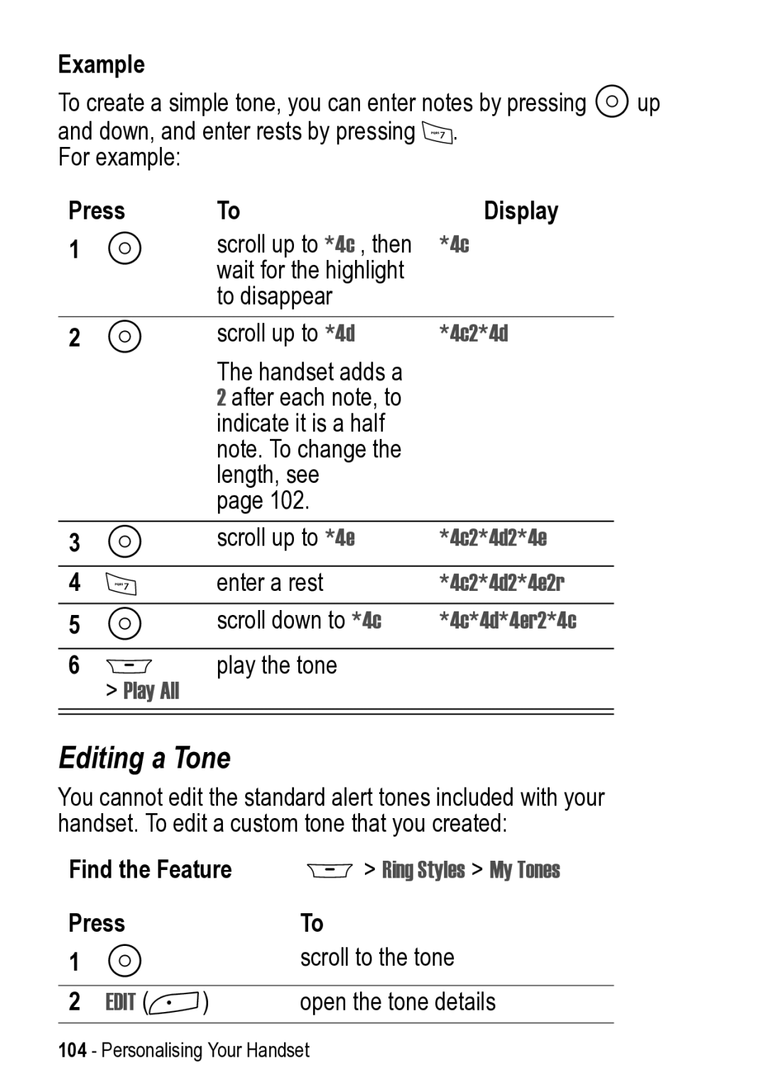 Motorola 031431a manual Editing a Tone, Example, Press Display 