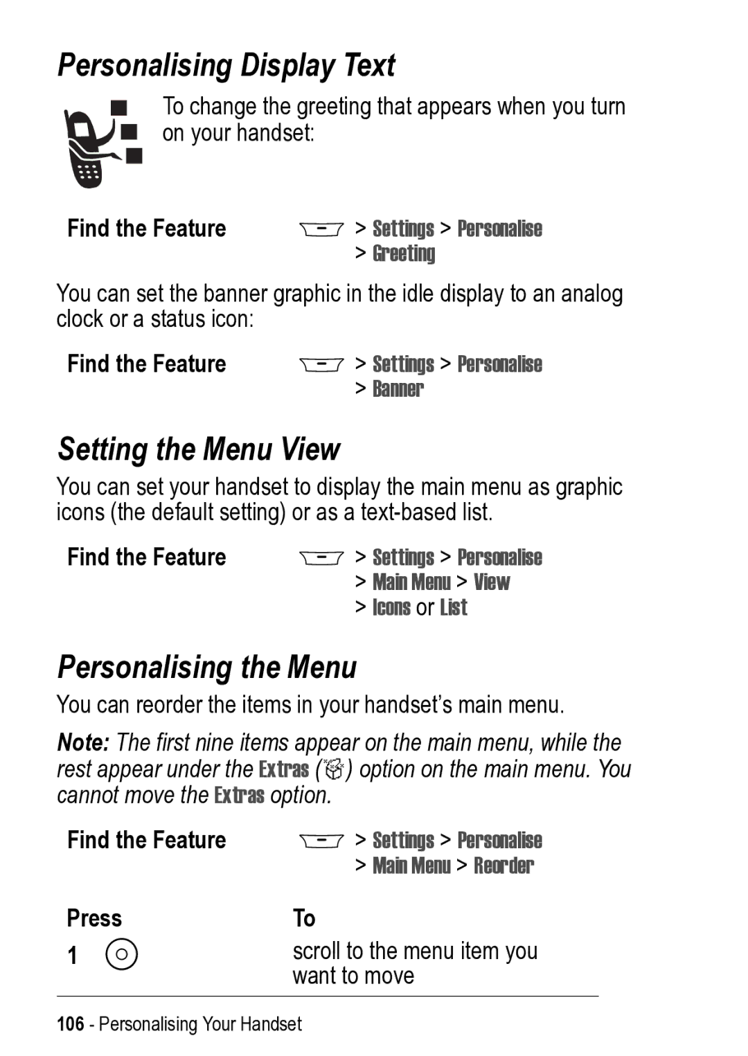 Motorola 031431a manual Personalising Display Text, Setting the Menu View, Personalising the Menu 