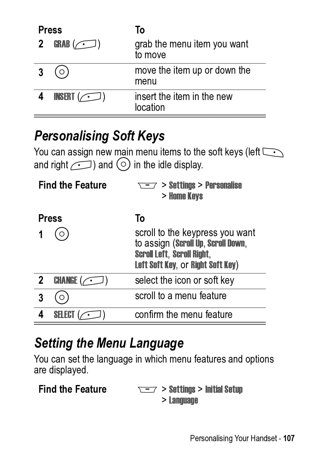 Motorola 031431a manual Personalising Soft Keys, Setting the Menu Language, Settings Personalise Home Keys 