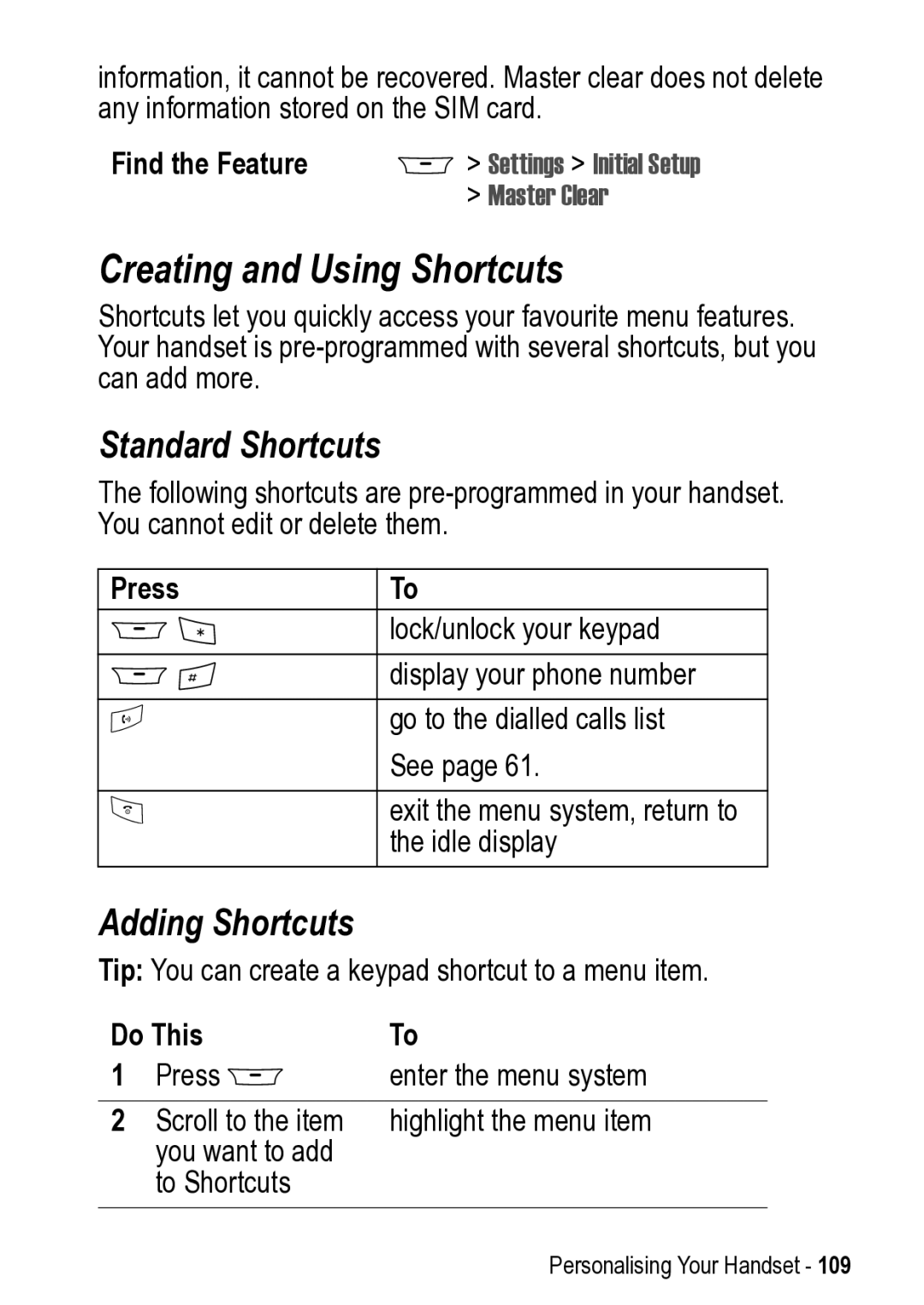 Motorola 031431a manual Creating and Using Shortcuts, Standard Shortcuts, Adding Shortcuts, Master Clear 