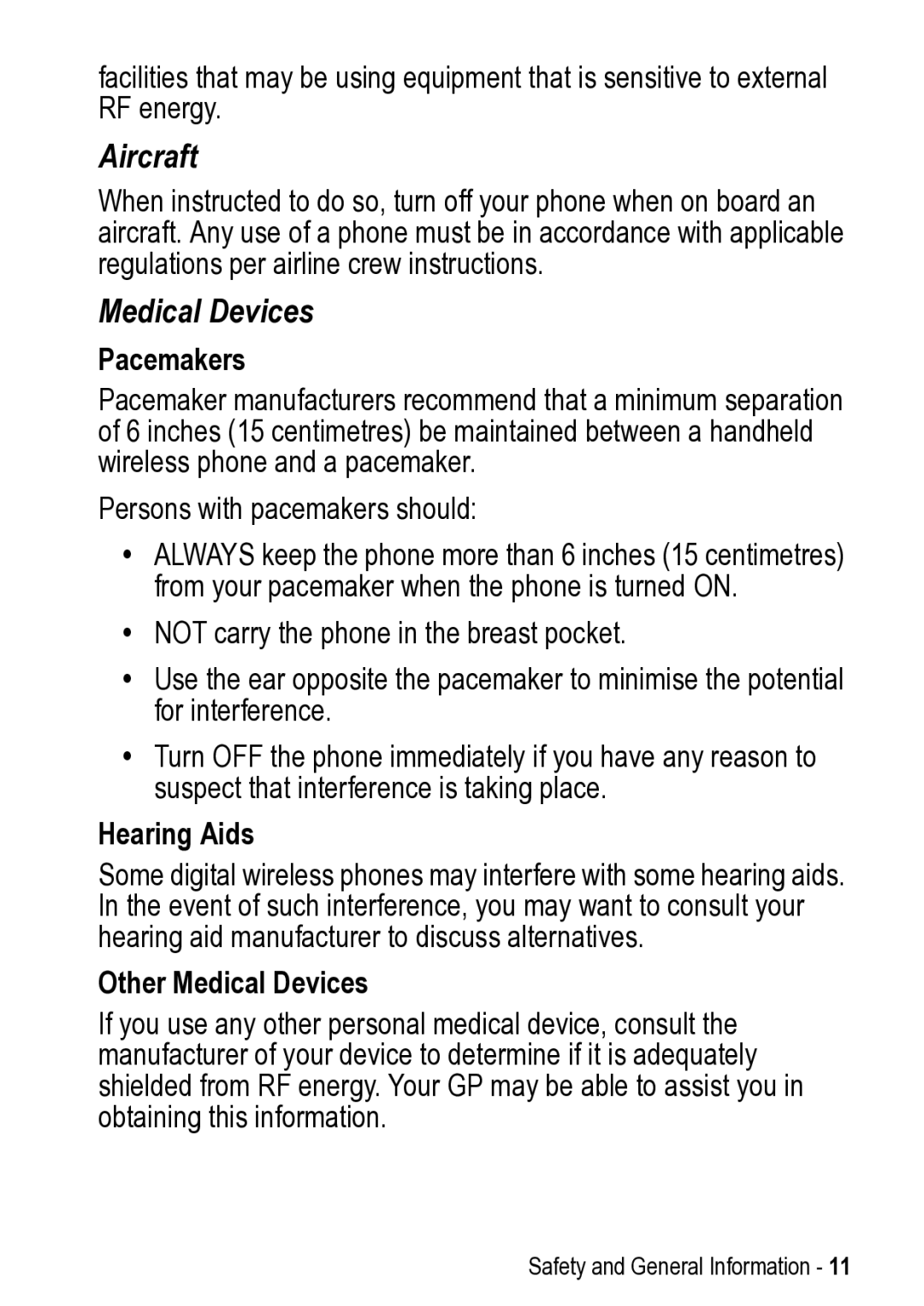 Motorola 031431a manual Pacemakers, Hearing Aids, Other Medical Devices 