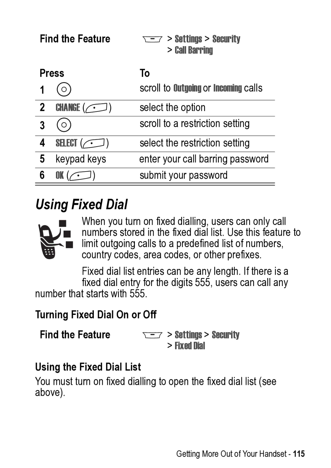 Motorola 031431a manual Using Fixed Dial, Call Barring, Turning Fixed Dial On or Off, Using the Fixed Dial List 