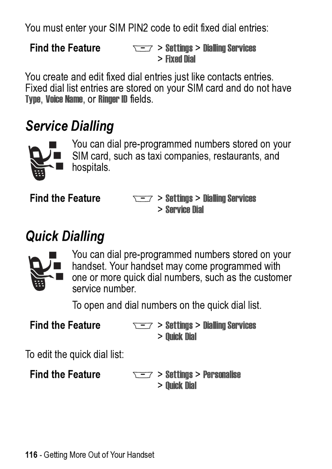 Motorola 031431a manual Service Dialling, Quick Dialling 