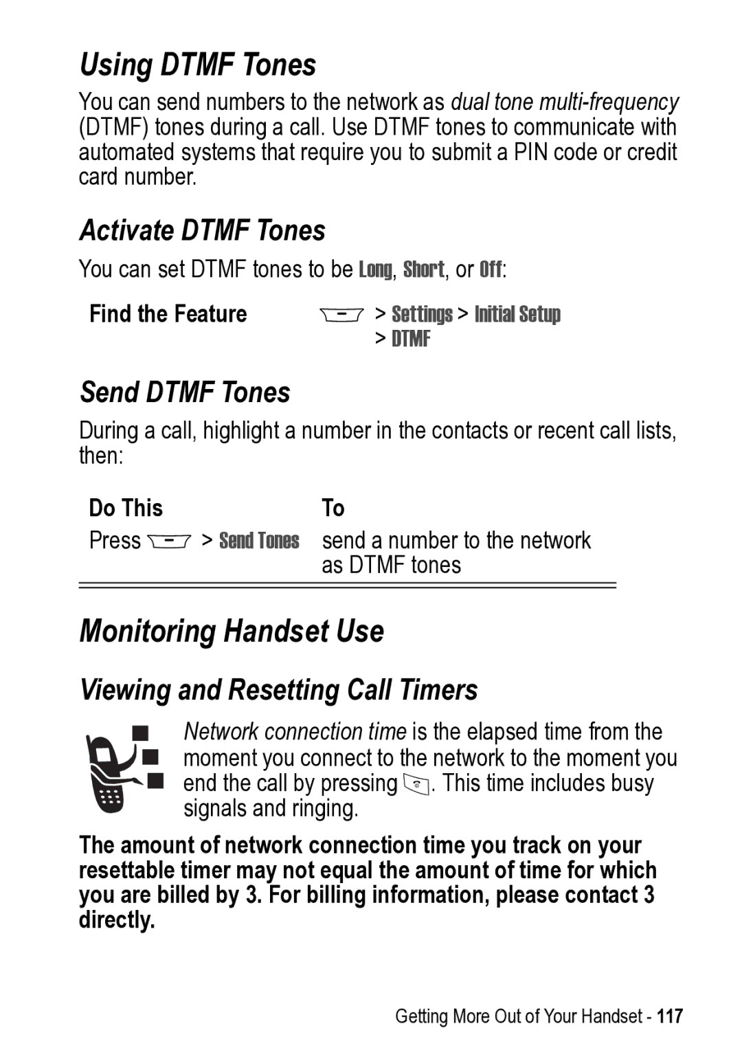 Motorola 031431a manual Using Dtmf Tones, Monitoring Handset Use, Activate Dtmf Tones, Send Dtmf Tones 