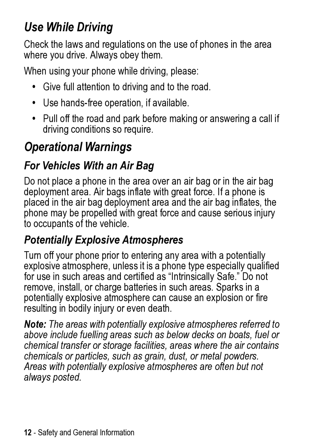 Motorola 031431a manual Use While Driving, Operational Warnings 