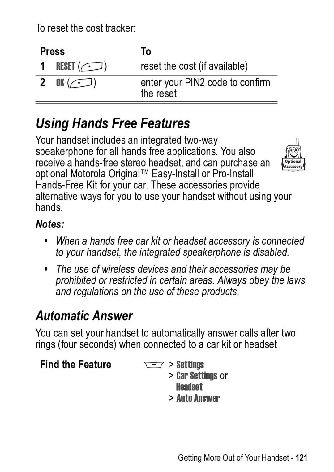 Motorola 031431a manual Using Hands Free Features, Automatic Answer, Headset, Auto Answer 