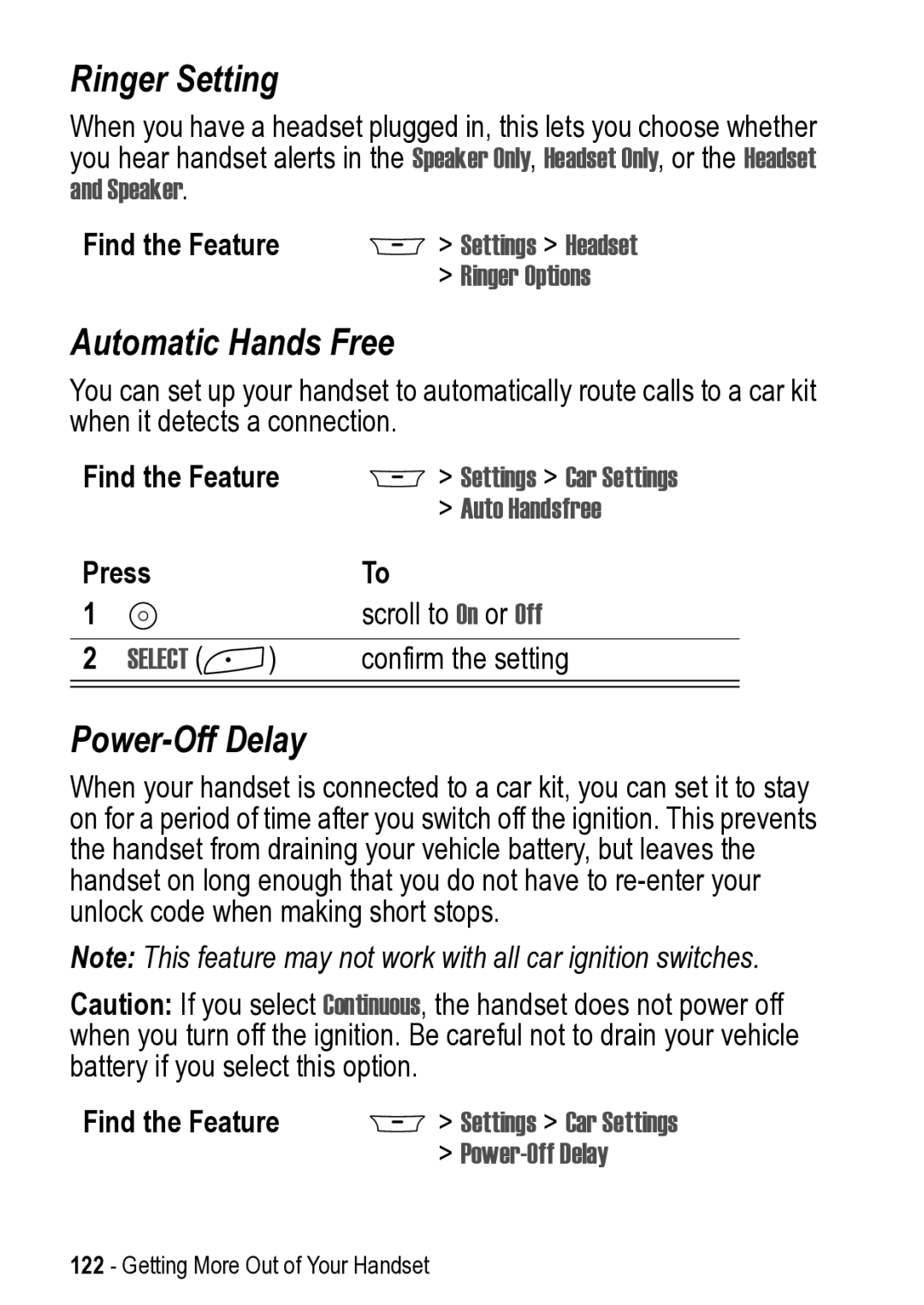 Motorola 031431a manual Ringer Setting, Automatic Hands Free, Power-Off Delay 