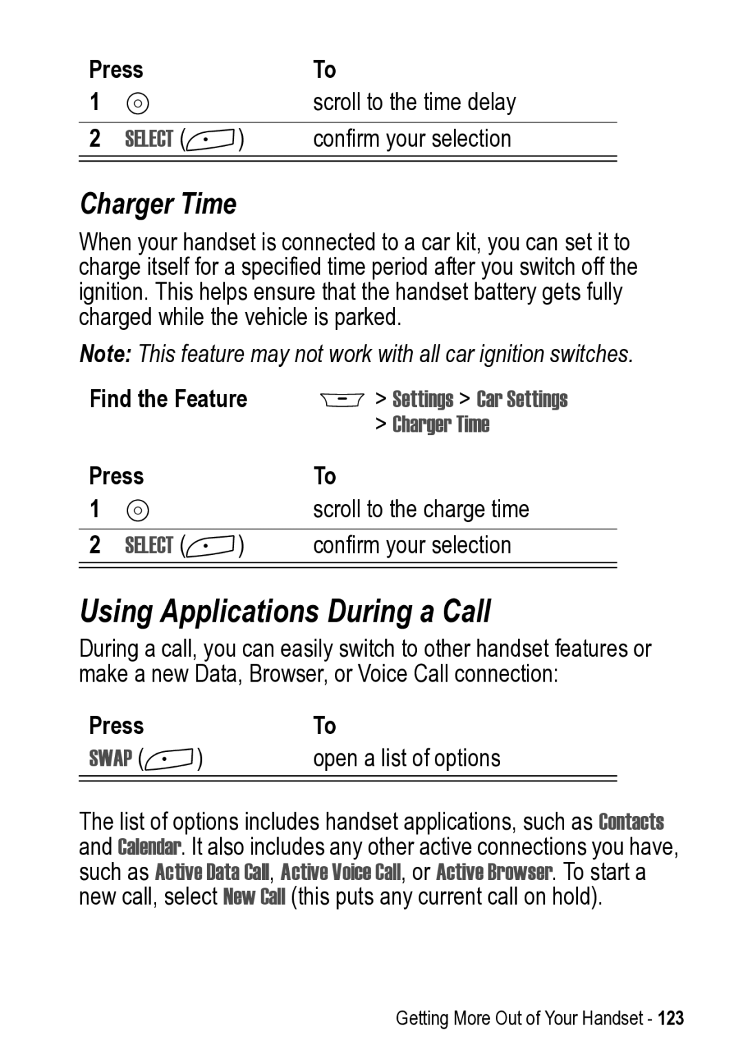 Motorola 031431a Using Applications During a Call, Charger Time, Press Scroll to the time delay, Confirm your selection 