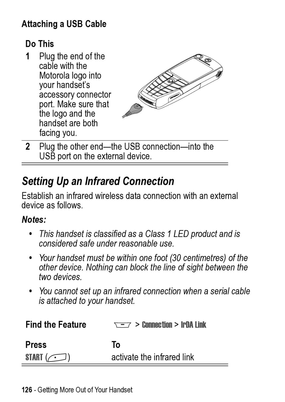 Motorola 031431a manual Setting Up an Infrared Connection, Attaching a USB Cable Do This, Connection IrDA Link 