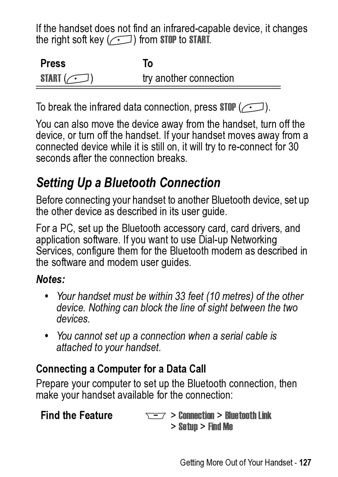 Motorola 031431a manual Setting Up a Bluetooth Connection, Connecting a Computer for a Data Call, Connection Bluetooth Link 