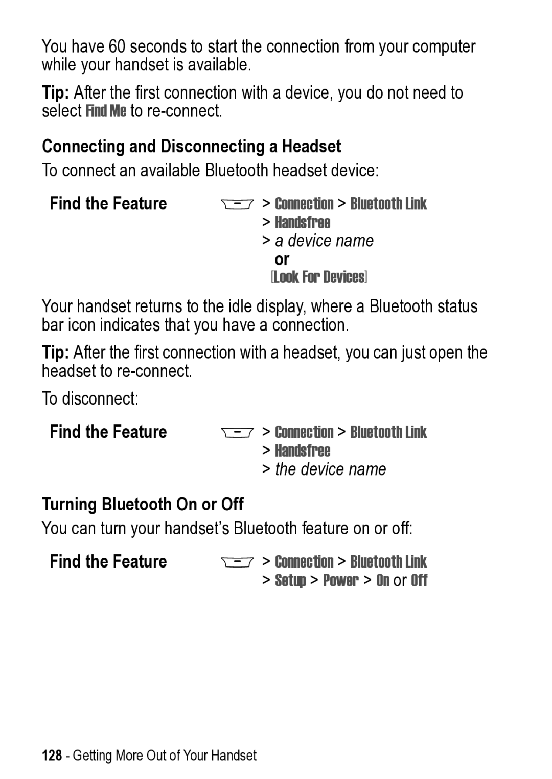 Motorola 031431a manual Connecting and Disconnecting a Headset, Handsfree, Look For Devices, Turning Bluetooth On or Off 