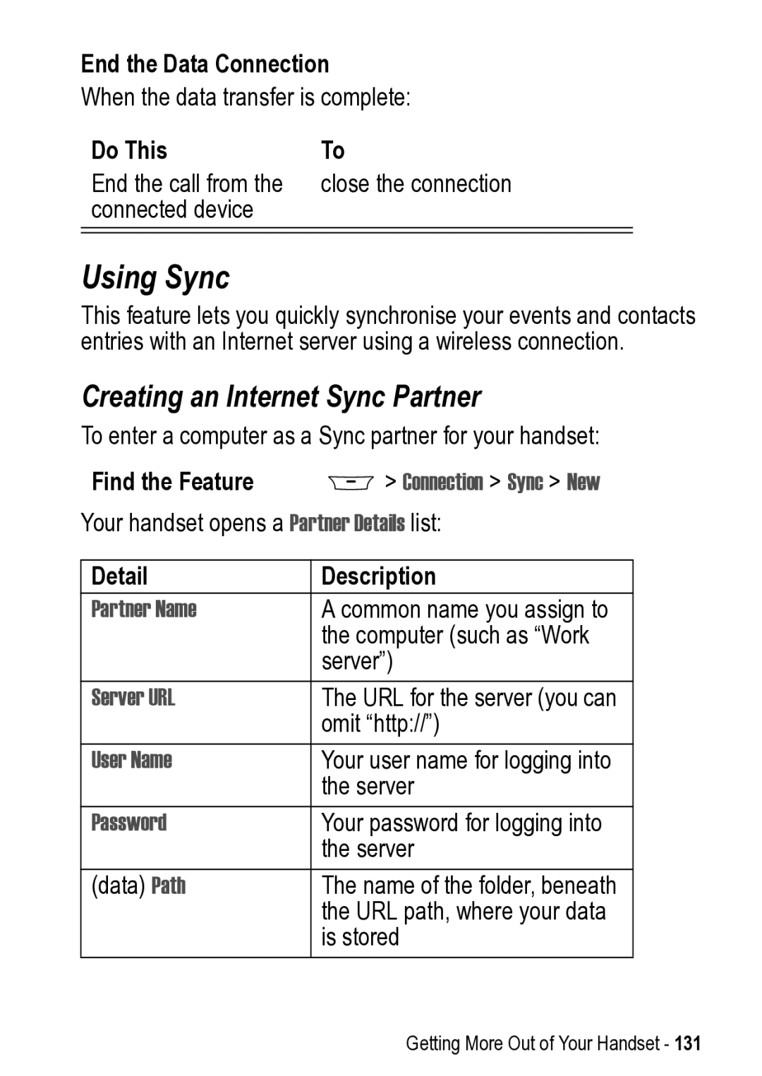 Motorola 031431a manual Using Sync, Creating an Internet Sync Partner, End the Data Connection, Detail Description 