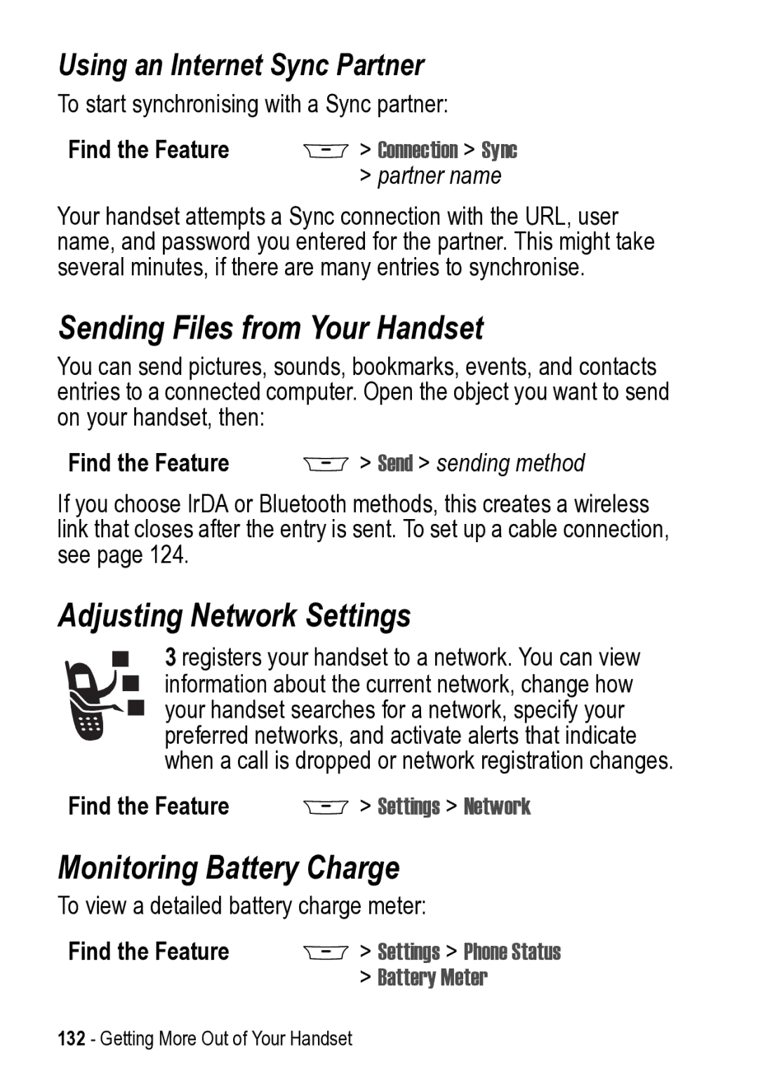 Motorola 031431a manual Sending Files from Your Handset, Adjusting Network Settings, Monitoring Battery Charge 